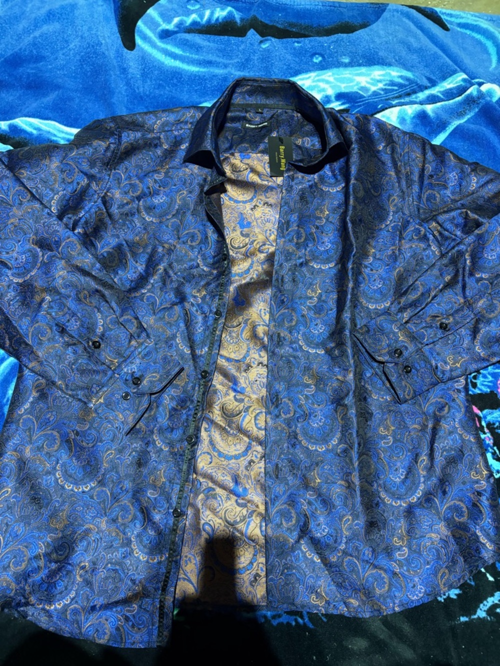 Barry. Wang Mens Paisley Dress Shirt Gold Blue 70s Disco Button Down Shirt Large